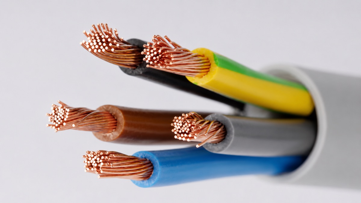 Cut end of a five-core cable showing stranded copper conductors in coloured insulation