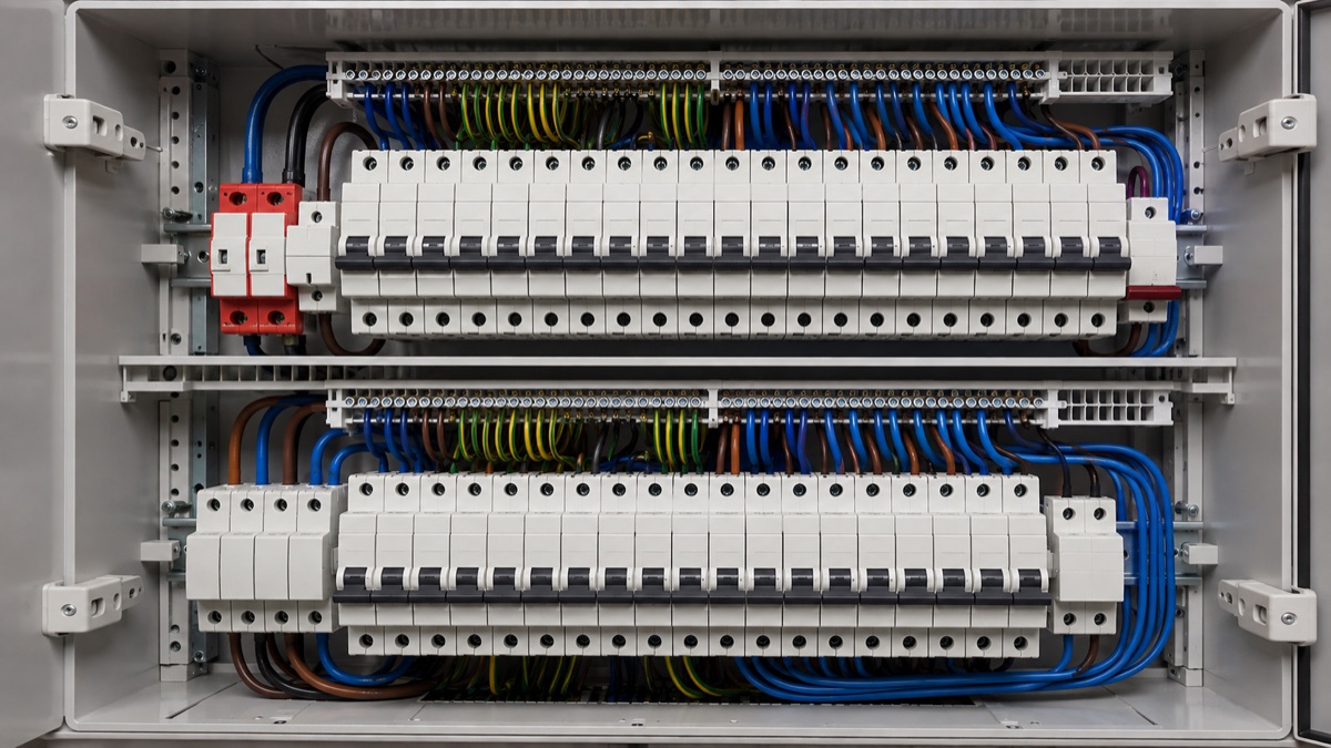 Distribution board with two rows of miniature circuit breakers and neatly dressed blue and brown wiring