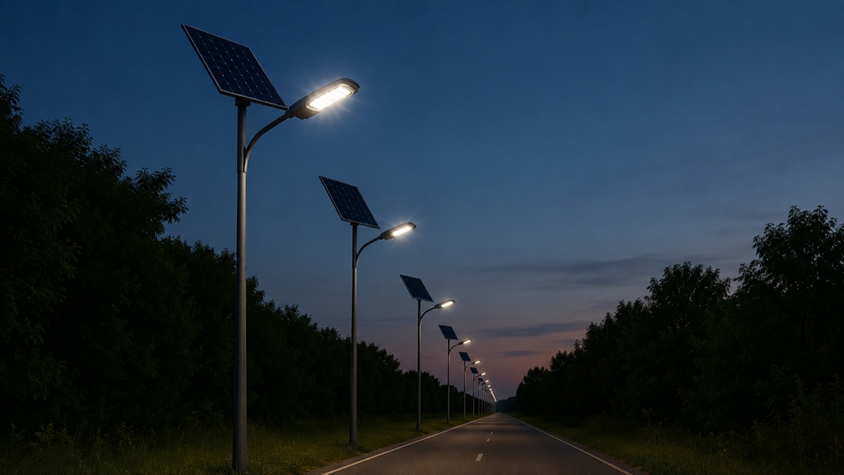 Street lighting columns with LED luminaires and solar panels lit at dusk along a straight road