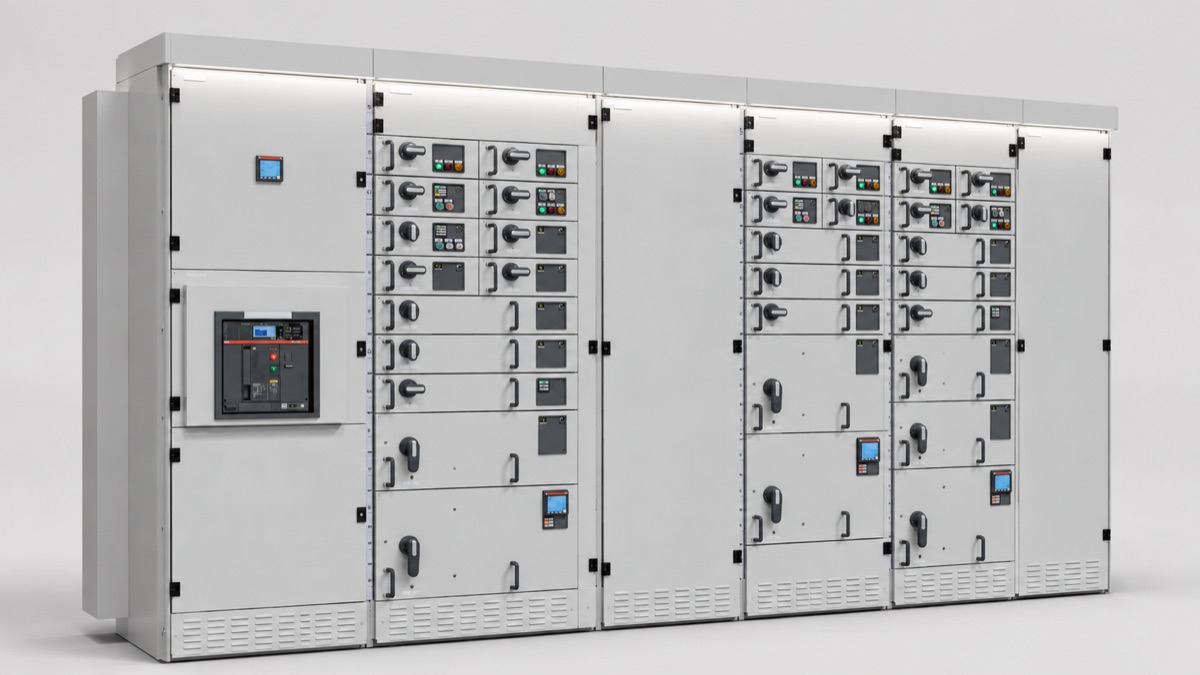 Low-voltage main switchboard with an air circuit breaker incomer and feeder sections, doors closed