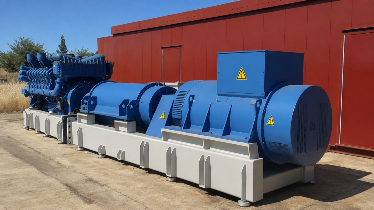 Diesel engine and alternator generating set mounted on a steel base frame outside a plant building