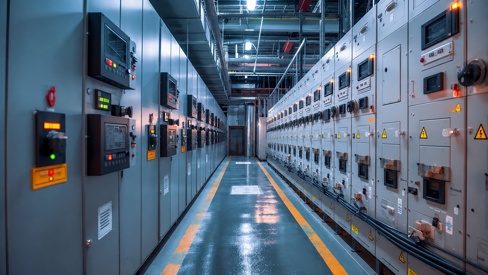 Corridor between two rows of switchgear cabinets in a lit switchroom