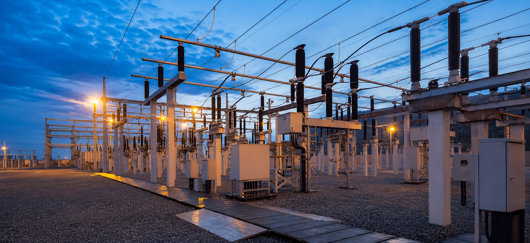 Outdoor high-voltage substation with transformers and overhead busbars at dusk