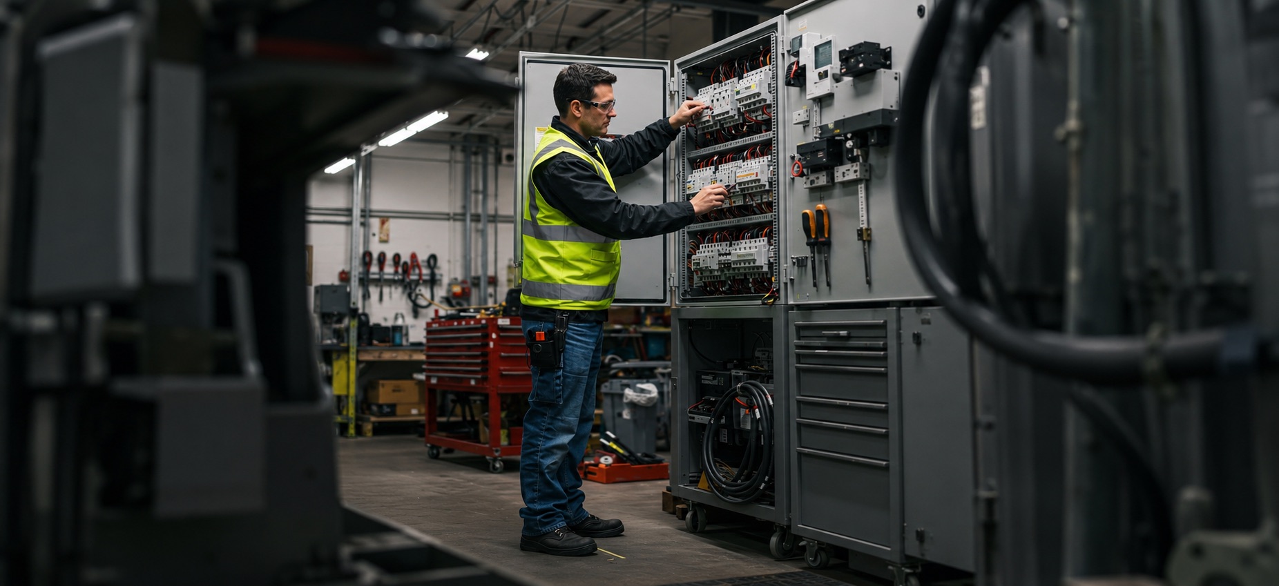 Technician in a high-visibility vest checking wiring inside an open control panel in a workshop