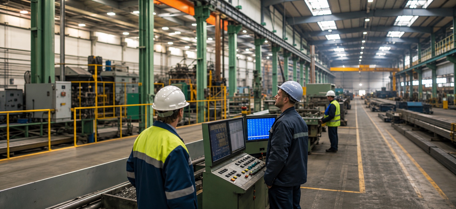 Two operators at a control console on the floor of an industrial production hall