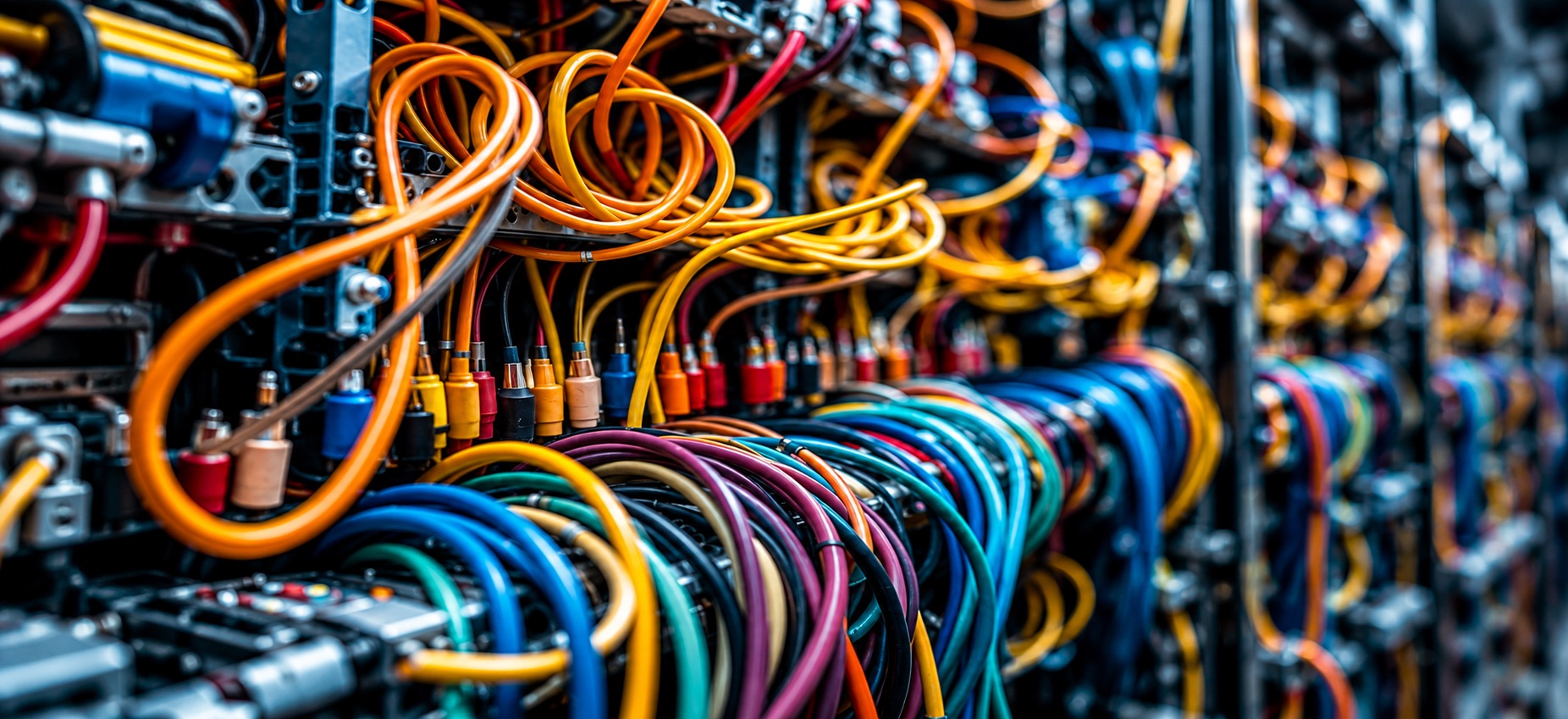Dense bundles of brightly coloured wiring and patch leads terminated on connector blocks across an equipment rack