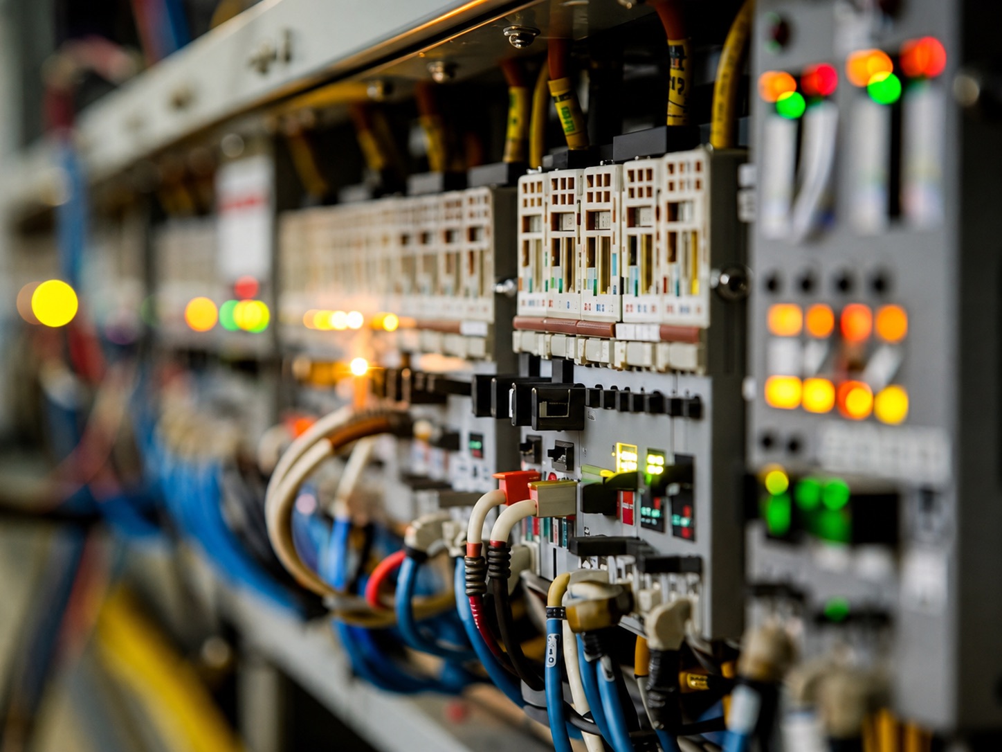 Terminal blocks, relays and dressed control wiring inside a cabinet, with indicator lamps lit