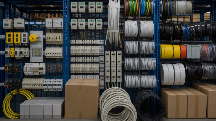 Racked warehouse stock: cable drums, coils of wiring cable, circuit breakers and boxed accessories ready for despatch